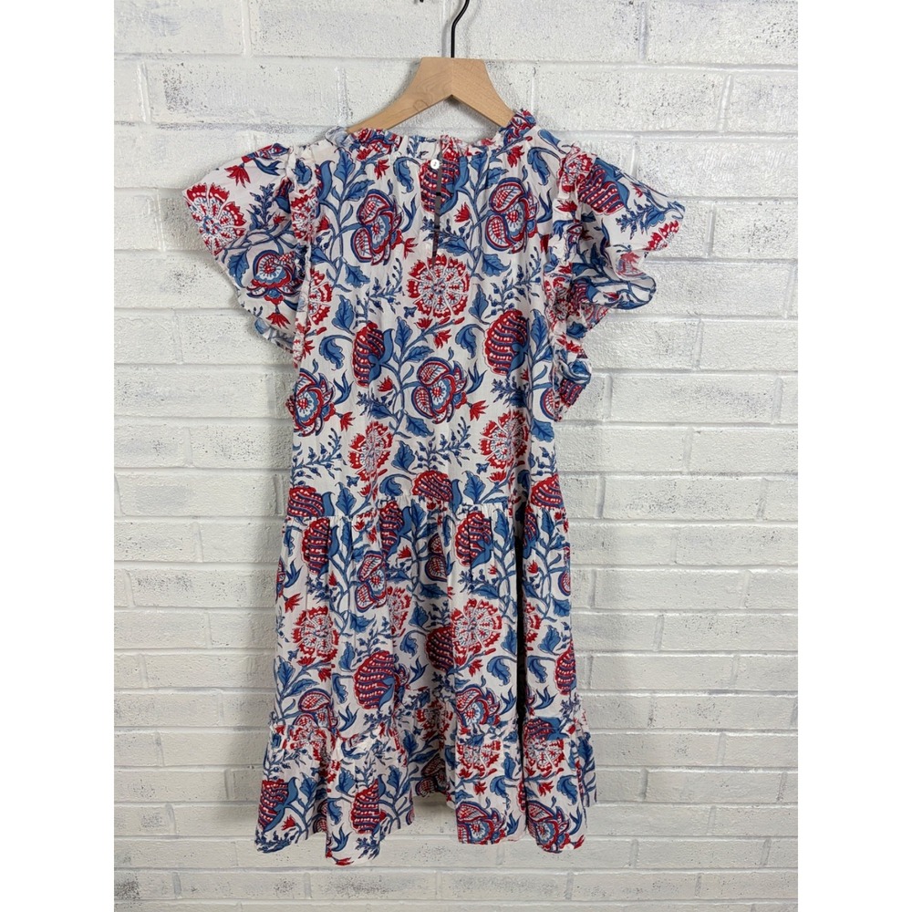 Caroline Constas Dress Womens XL Blue Red Floral Print Flutter Sleeve Cotton